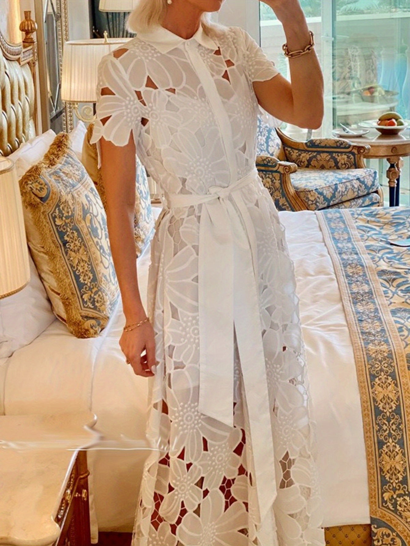 Women'S Elegant Lace Cardigan Dress - Chic Single-Breasted, Long Sleeve, Flared Hem, Solid Color, Perfect for Spring\u002FSummer\u002FFall, Casual to Formal Wear, Casual Dressing | Chic Dress | Lace Detailing, Lace Dress