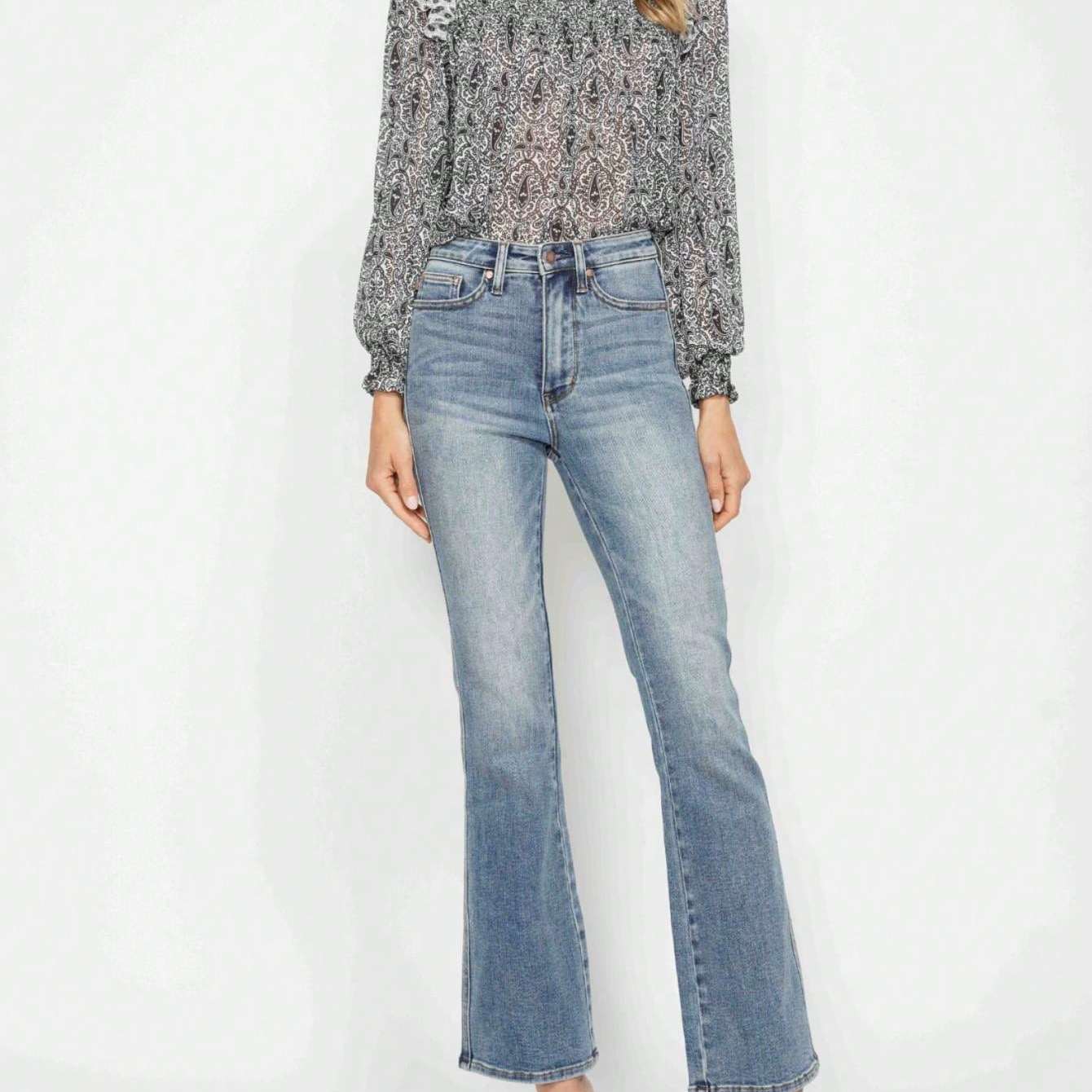 Judy-B Womens Casual Boho Chic Paisley Print Ruffle High Neck Blouse Long Sleeve Semi Sheer Gray White Pattern Top Victorian Inspired Mock Neck Gathered Cuff Spring Fall Office Wear