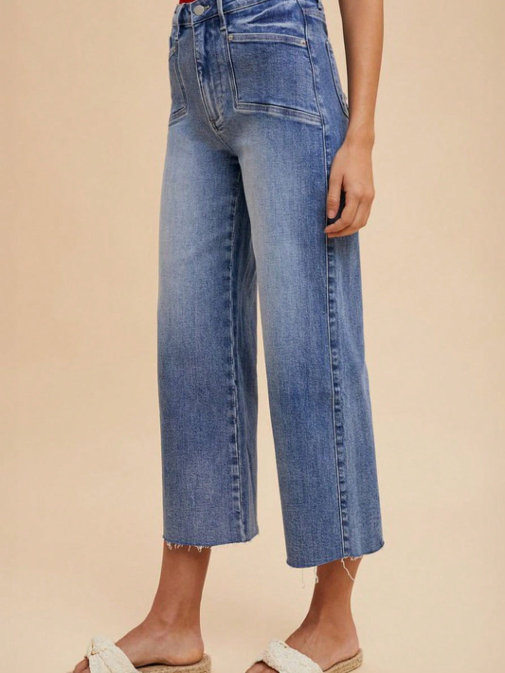 Womens Casual Wide Leg Chic Vintage Wash Raw Hem Cropped Jeans High Waisted Denim Pants Classic Straight Cut Light Blue Distressed Summer Street Style Daily Wear Relaxed Fit Ankle Length