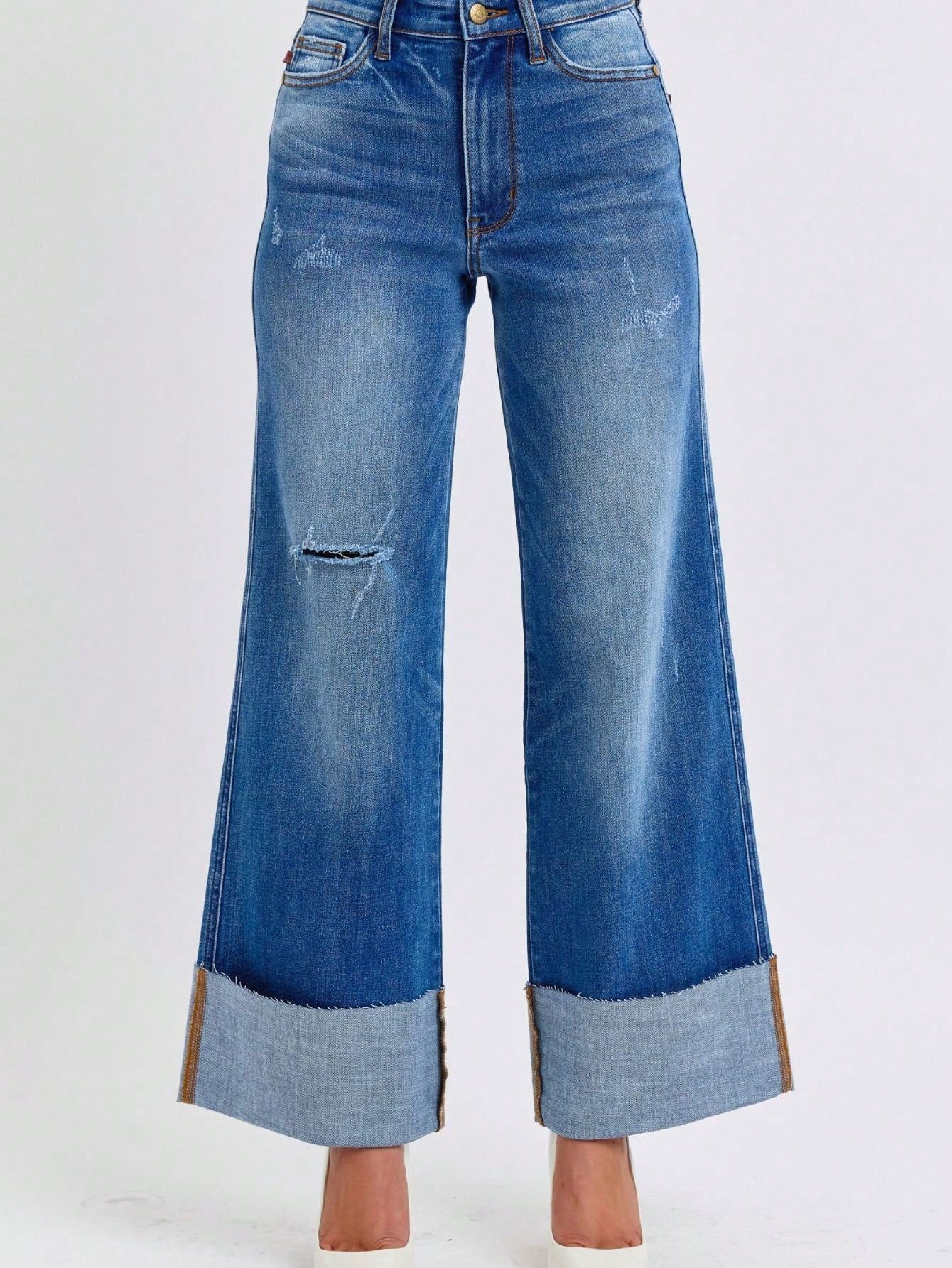 Judy-B Women's Casual Wide-Leg Jeans Fashion High-Waisted Distressed Denim Pants with Cuffed Hem Relaxed Fit Button and Zip Closure Perfect for All Seasons Daily Outfits