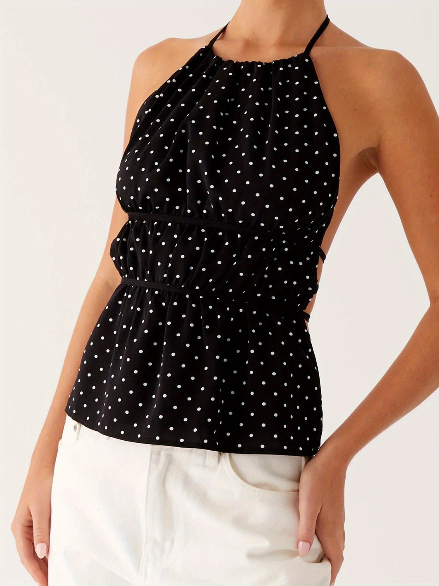 Women'S Y2K Summer Halter Tank Tops Dot Print Sleeveless Backless Tie-up Slim Fit Vest Streewear Club Outfits