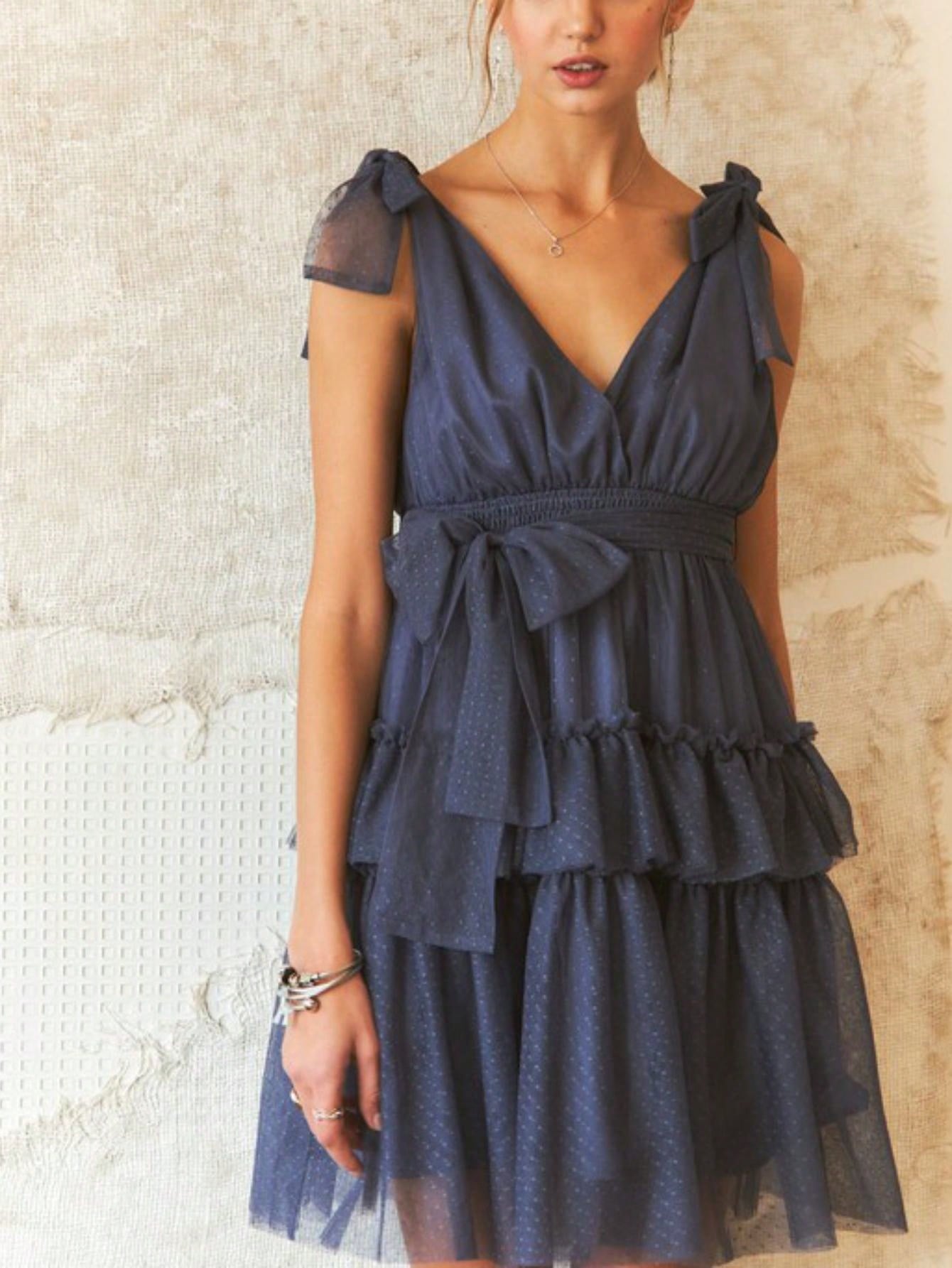 Womens Casual Party Romantic Chic Shoulder Bow Tiered Ruffle Mini Dress Navy Blue Sleeveless V Neck Swiss Dot Tulle Mesh Overlay Summer Wedding Guest Cocktail Evening Special Occasion