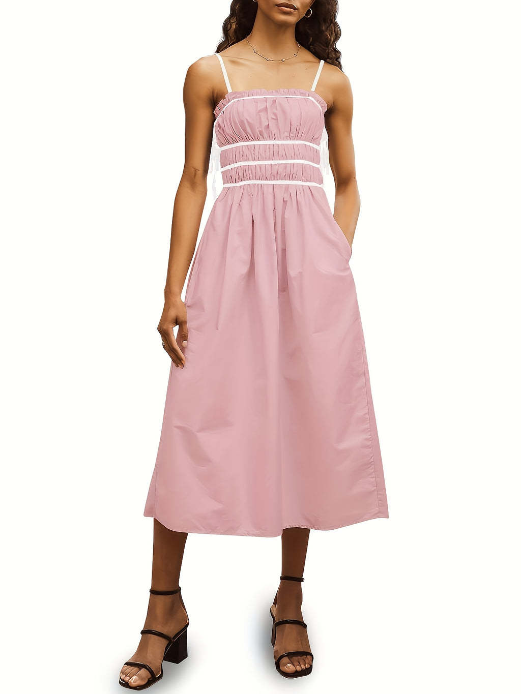 Elegant Cotton Spaghetti Strap Midi Dress, Sleeveless Patchwork Summer Beach Dress, with Backless Smocked Ruffle Detail, for Women