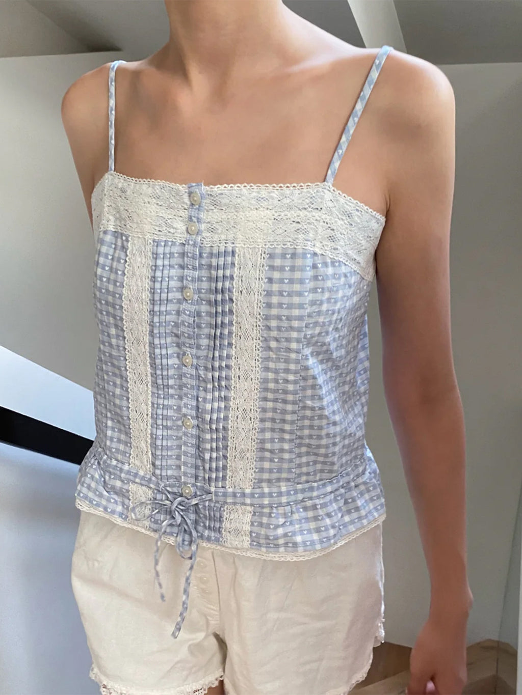 Women'S Lace Patchwork Cami Tops Plaid Print\u002FSolid Color Sleeveless Button Camisole Tank Tops