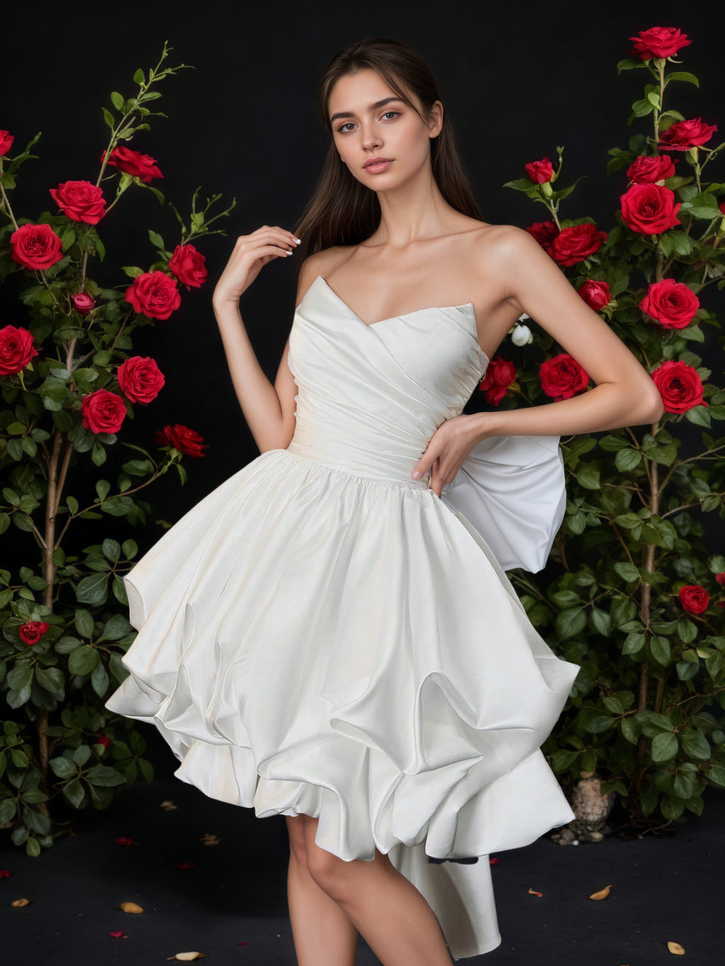 White Strapless Sweetheart Mini Dress With Bubble Hem And Back Bow Train, Elegant Short Prom Dress, Princess Birthday Gown, Cocktail Party Look, Dreamy Ruffle Formal Dress, Bridal Shower Outfit