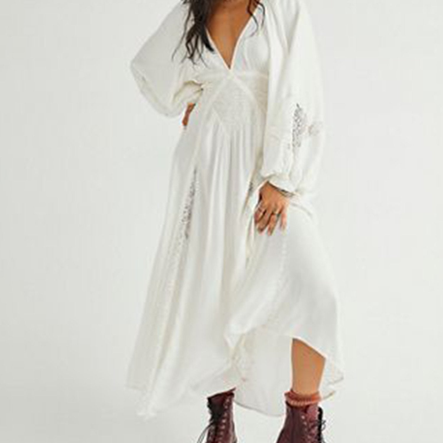 Elegant Blue V-Neck Long Sleeve Dress with Lace Patchwork and Ruffled Hem - Ankle-Length Party Swing Dress for Women, Machine Washable, Fashionable Outfit|Elegant Swing Dress|Smooth Lustrous Texture