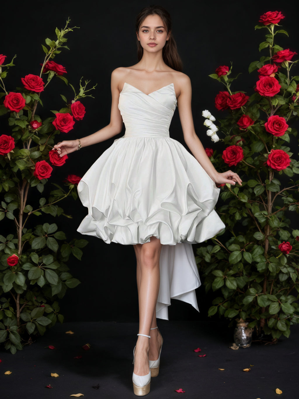 White Strapless Sweetheart Mini Dress With Bubble Hem And Back Bow Train, Elegant Short Prom Dress, Princess Birthday Gown, Cocktail Party Look, Dreamy Ruffle Formal Dress, Bridal Shower Outfit