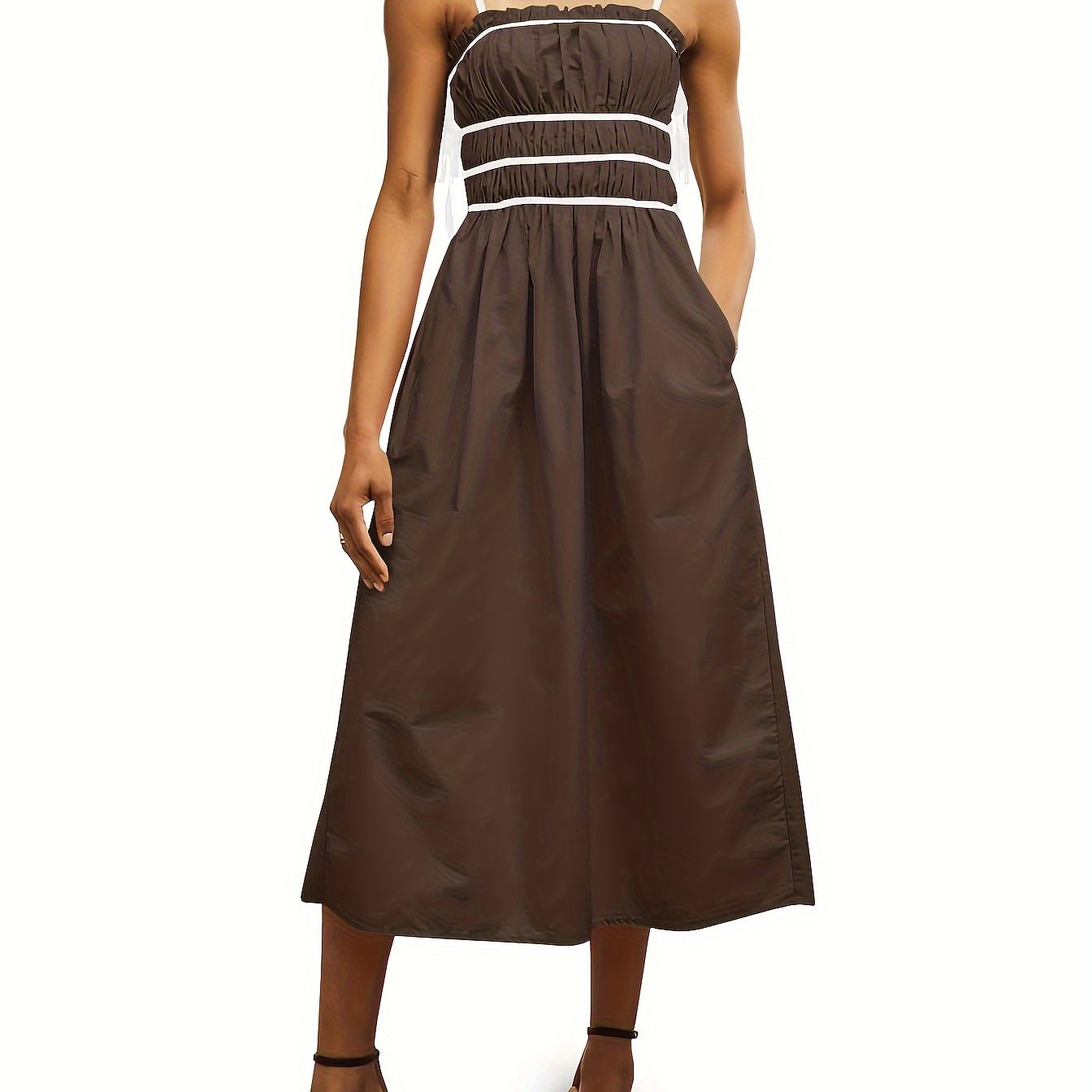 Womens Summer Spaghetti Strap Midi Dress Sleeveless Tie Strap Contrast Color Casual Smocked Ruffle Dresses