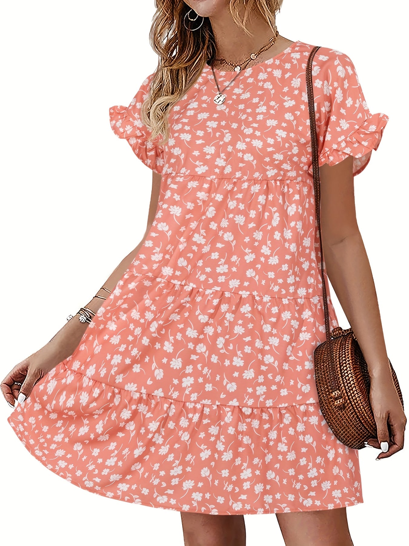 Women'S Boho Floral Print Short Sleeve T-Shirt Dress - Casual Ruffled Hem, Loose Swing Fit, Round Neck, Lightweight Summer Dress for Casual Attire, Boho Dress