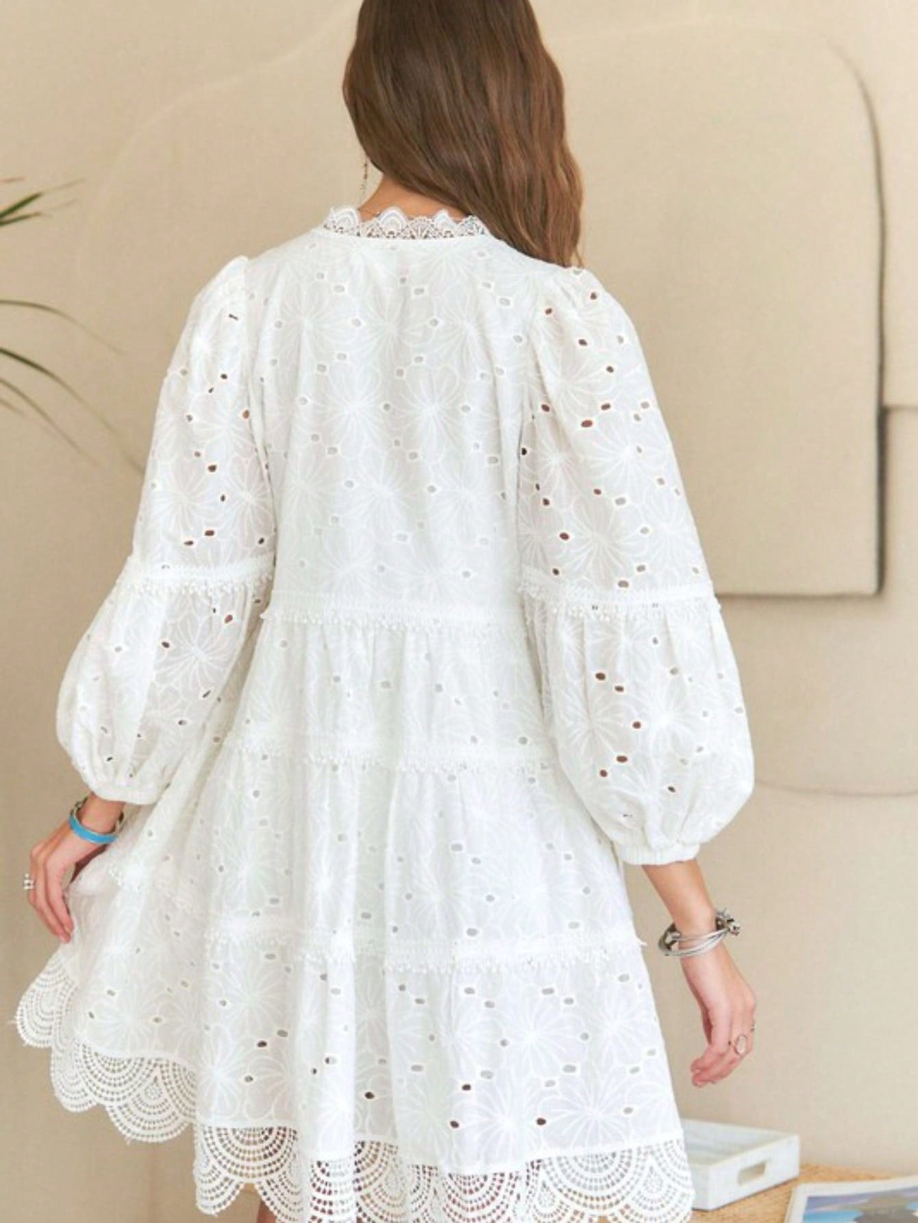 Womens Casual Boho Romantic Chic Eyelet Embroidered Lace Trim Tiered Babydoll Dress White Long Sleeve V Neck Above Knee Airy Flowy Summer Beach Wedding Guest Party Sundress
