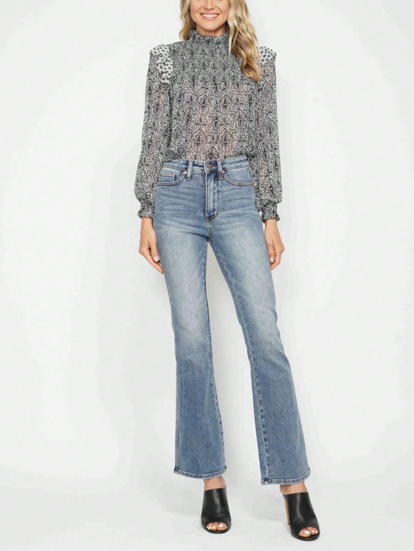 Judy-B Womens Casual Boho Chic Paisley Print Ruffle High Neck Blouse Long Sleeve Semi Sheer Gray White Pattern Top Victorian Inspired Mock Neck Gathered Cuff Spring Fall Office Wear