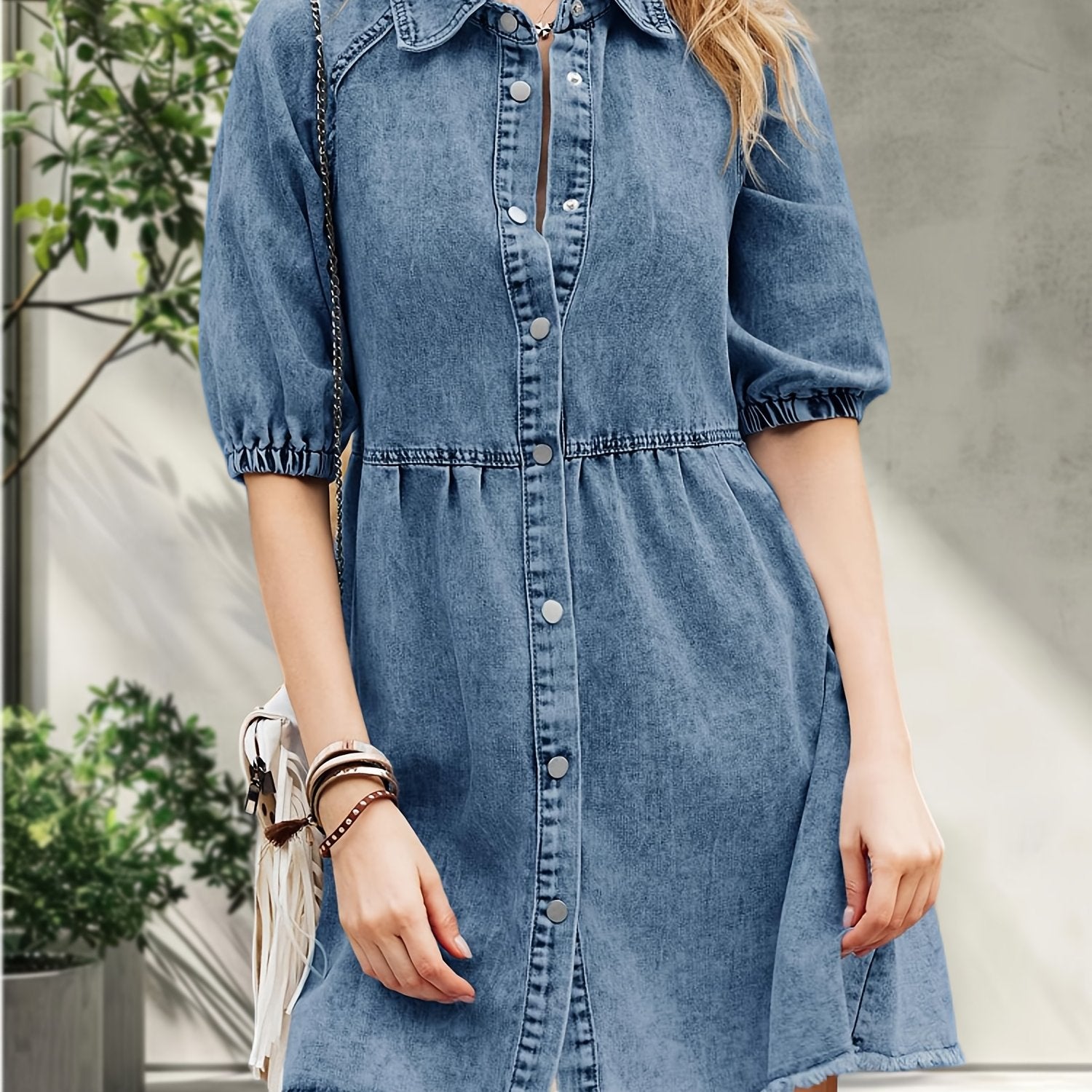 Womens Puff Sleeve Summer Denim Dress Button Short Sleeve Babydoll Dress Flowy Jean Dress