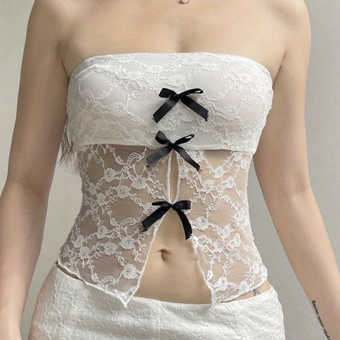 Women'S Summer Slim Tube Tops Sleeveless Off Shoulder Split Hem Bow Decor Lace Bandeau