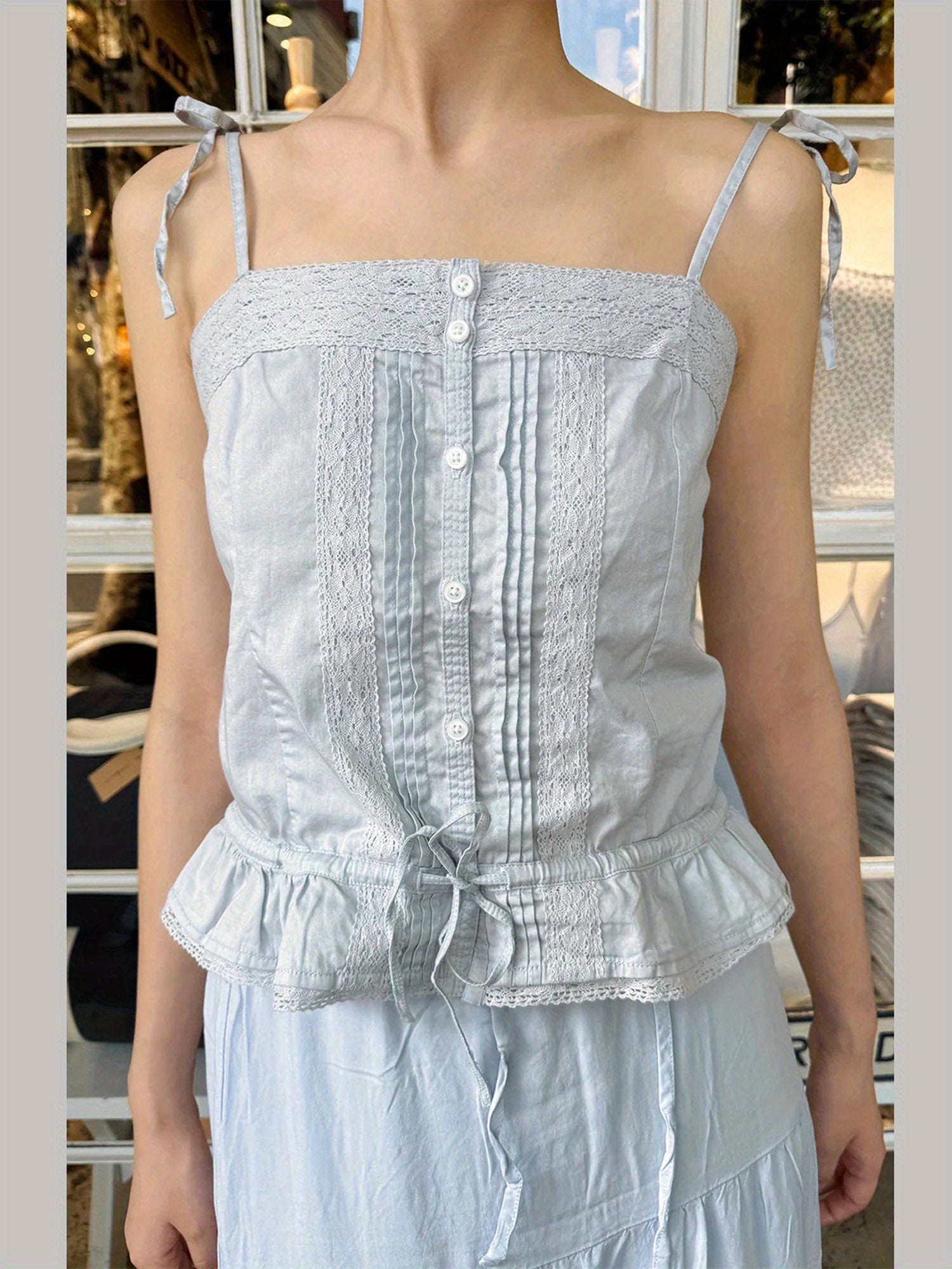 Women'S Lace Patchwork Cami Tops Plaid Print\u002FSolid Color Sleeveless Button Camisole Tank Tops