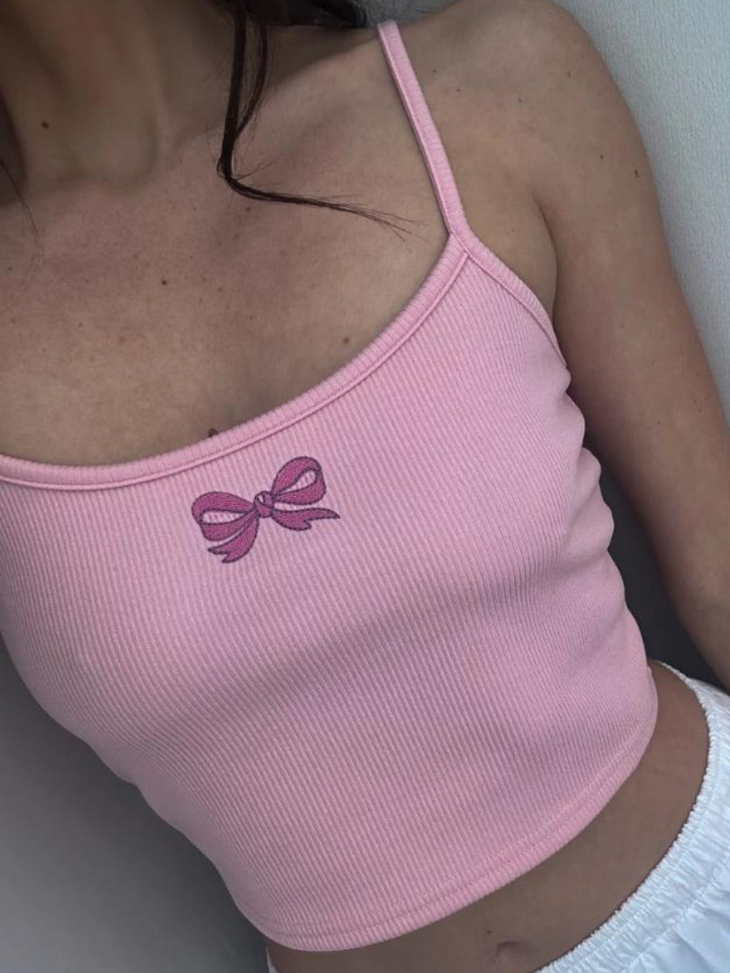 Women's Pink Bow Embroidery Ribbed Knit Camisole Top - Lightweight 100% Polyester Slim Fit Sleeveless Square Neck Summer Casual Tank Top, Ladies Tank Tops