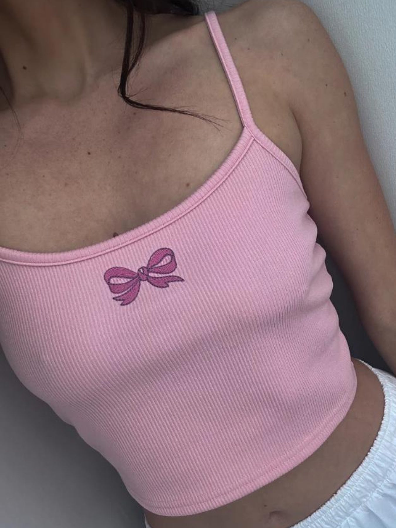 Women's Pink Bow Embroidery Ribbed Knit Camisole Top - Lightweight 100% Polyester Slim Fit Sleeveless Square Neck Summer Casual Tank Top, Ladies Tank Tops