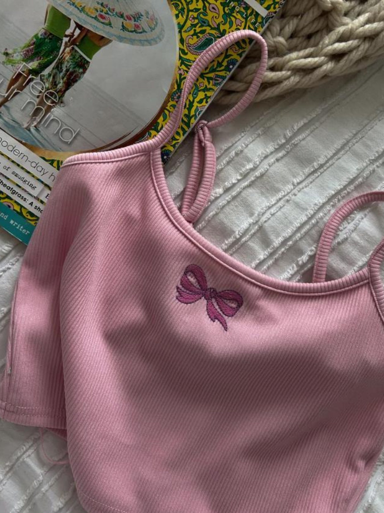 Women's Pink Bow Embroidery Ribbed Knit Camisole Top - Lightweight 100% Polyester Slim Fit Sleeveless Square Neck Summer Casual Tank Top, Ladies Tank Tops