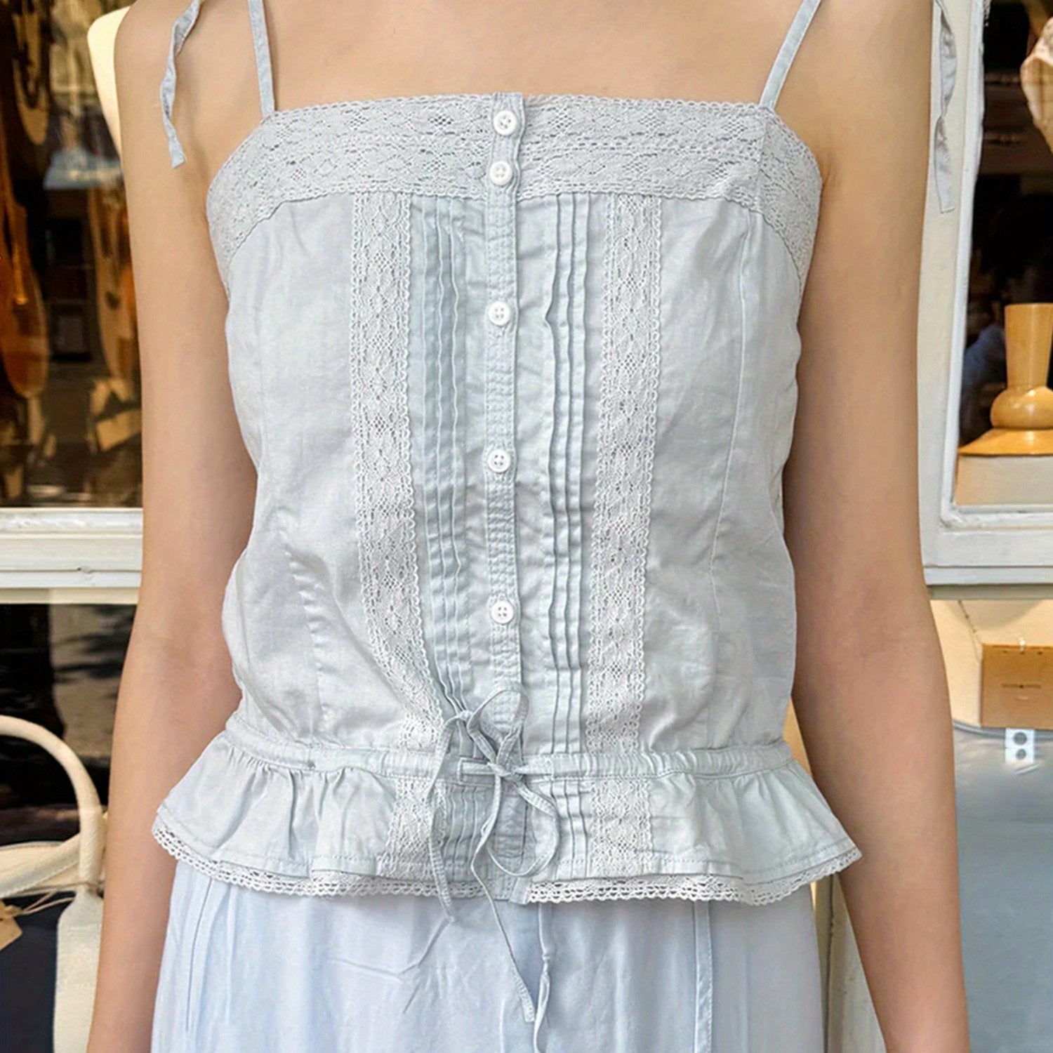 Women'S Lace Patchwork Cami Tops Plaid Print\u002FSolid Color Sleeveless Button Camisole Tank Tops